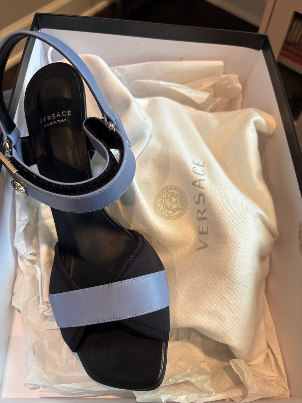 Versace Black and Light Blue Strappy Ankle Sandals
